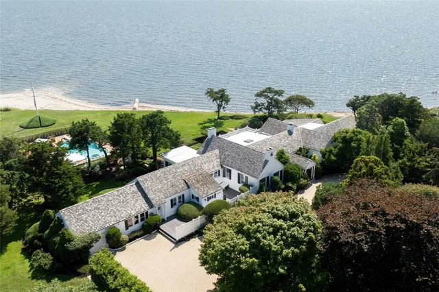 an aerial view of a house with a yard and plants