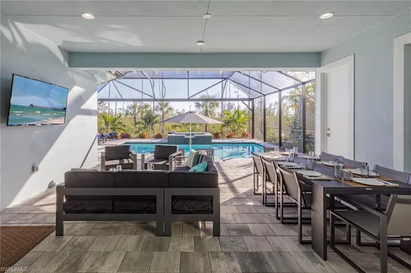 a view of a dining room with furniture window and outside view