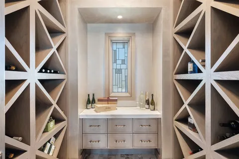 a storage room with cabinets
