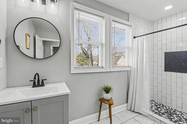 a bathroom with a sink a mirror and a shower