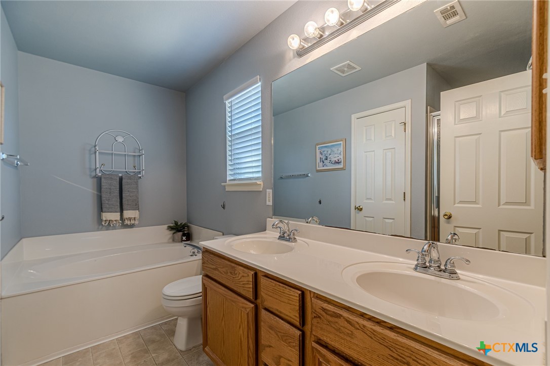 2369 Carson Loop New Braunfels, TX 78130 - Photo 12 of 28 a bathroom with a granite countertop sink a toilet and a mirror