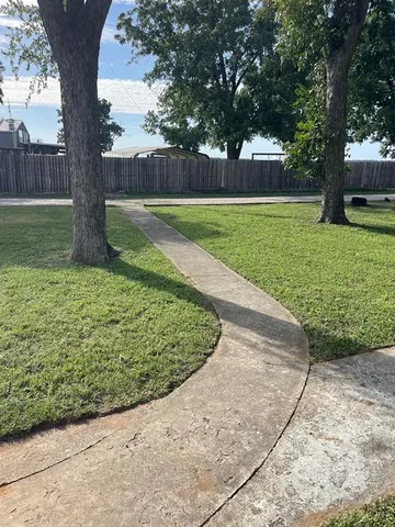 a view of a backyard with a tree