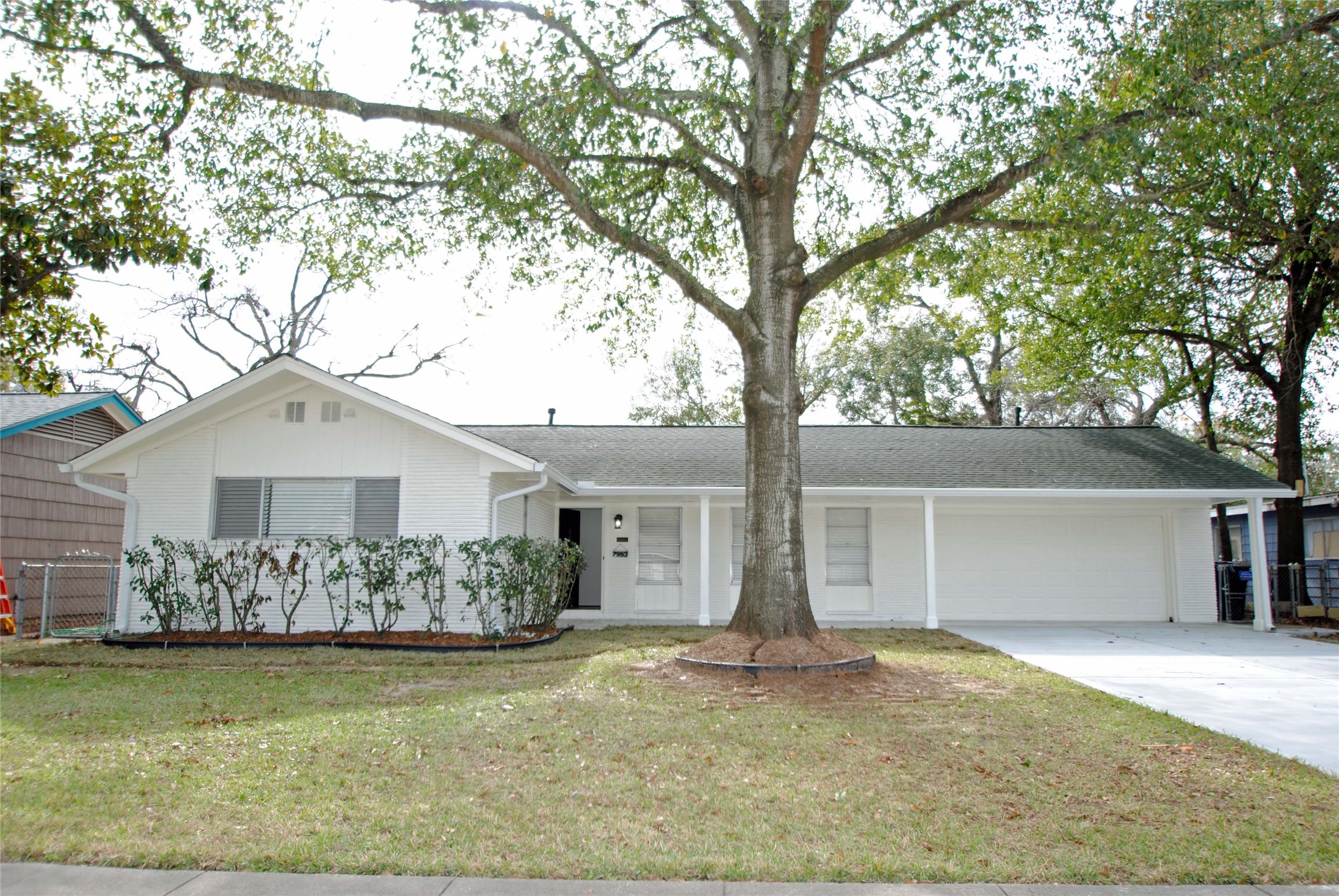 a view of a white house next to a yard and a large tree