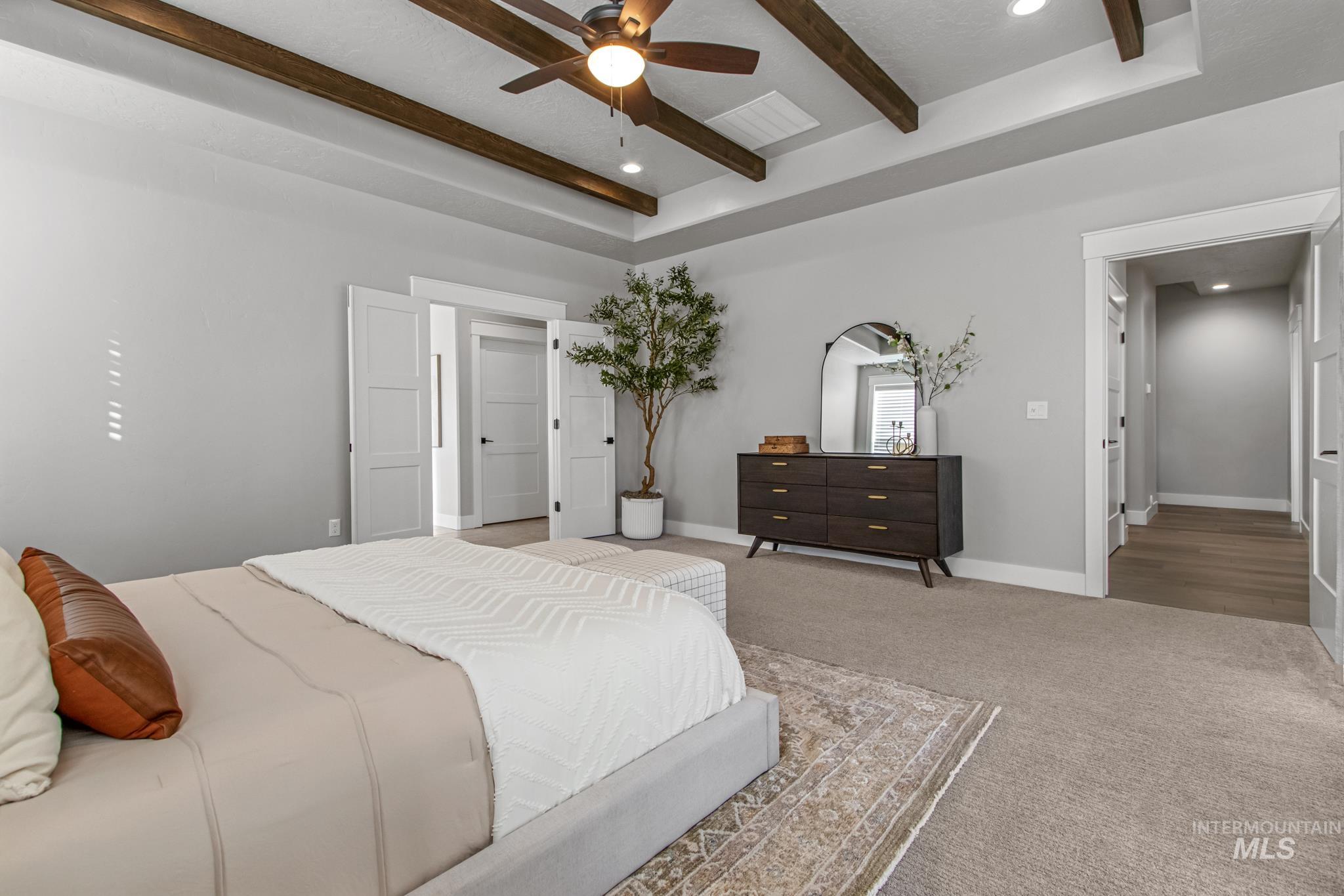 25427 Havard Oak Place Caldwell, ID 83607 - Photo 28 of 50 Carpeted bedroom featuring recessed lighting, beamed ceiling, and ceiling fan