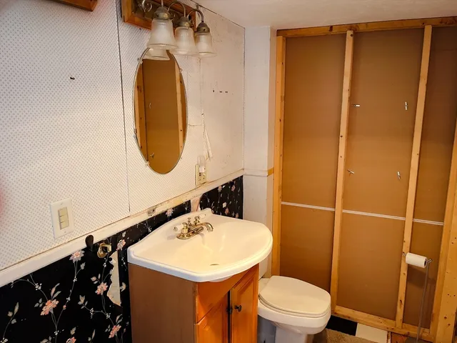 a bathroom with a sink a toilet a mirror and shower