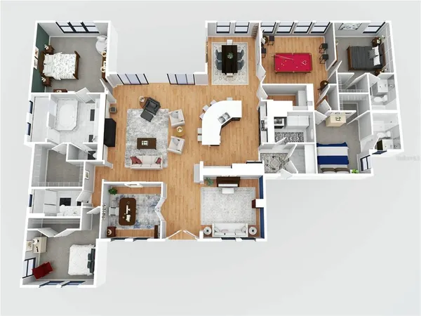 a view of a house with swimming pool and sitting area