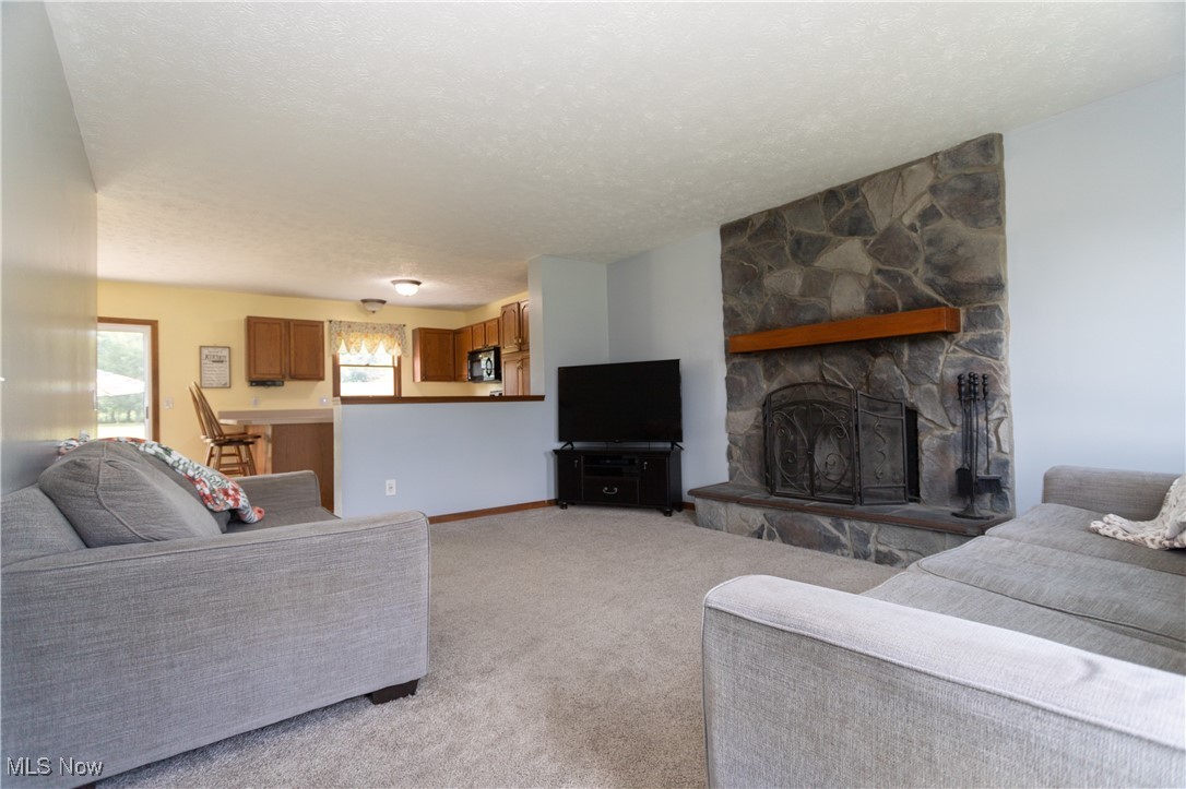 4171 Laubert Road Atwater, OH 44201 - Photo 26 of 42 Living room featuring a stone fireplace, a textured ceiling, and light colored carpet