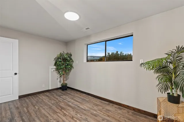 a view of a room with a potted plant and wooden floor