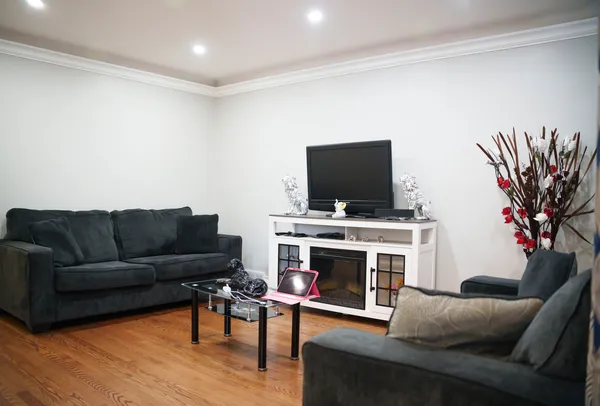 a living room with furniture a flat screen tv and a fireplace