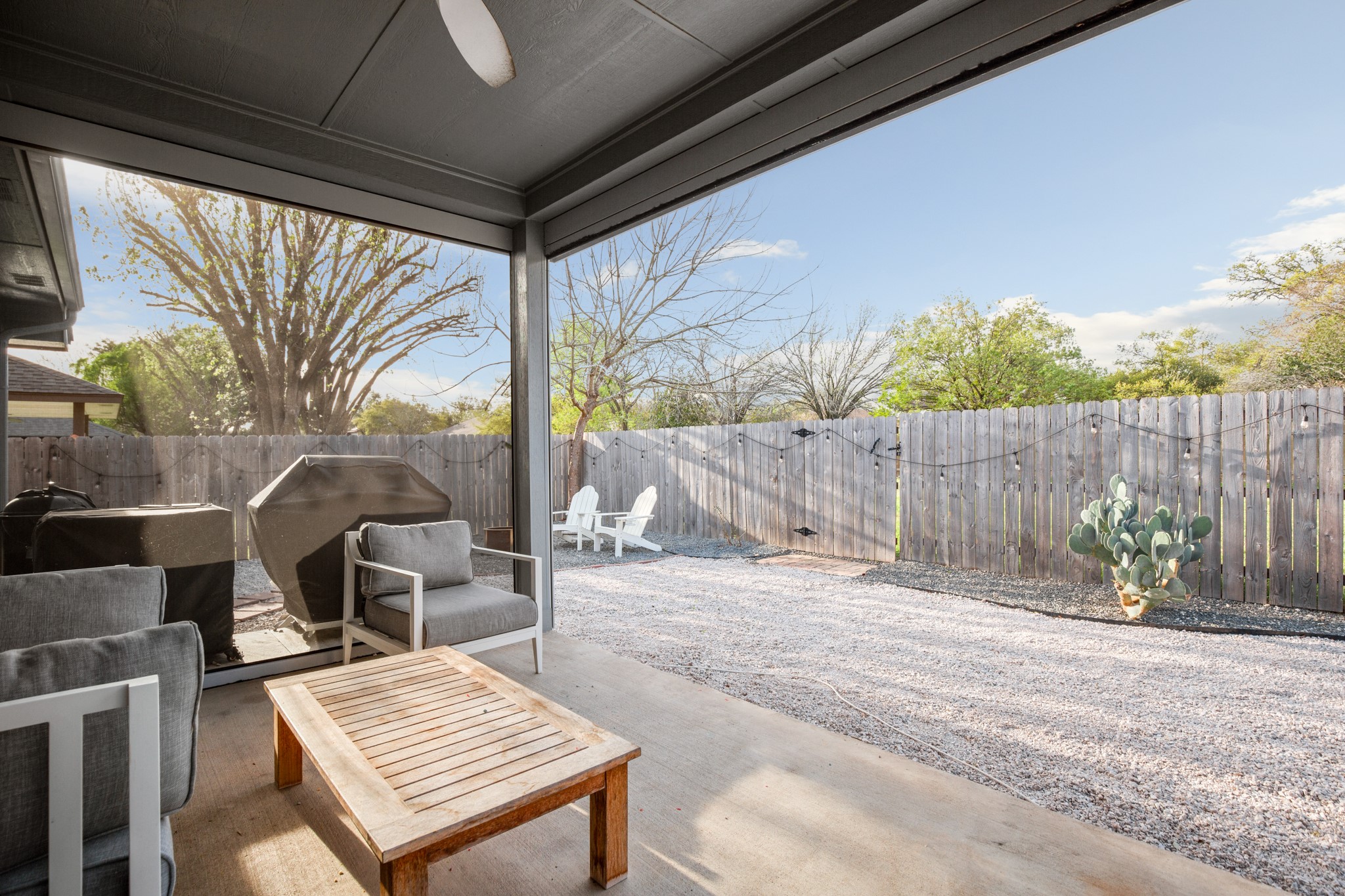 4523 Ramies Run Austin, TX 78749 - Photo 28 of 30 Fenced backyard featuring a patio and a ceiling fan