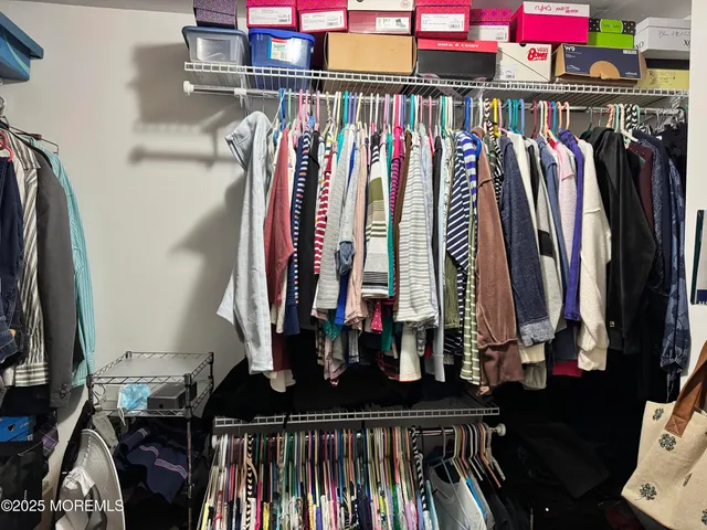 a view of walk in closet with clothes