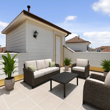 a balcony with furniture and a potted plant