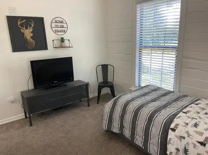 a bedroom with bed and tv