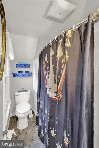 a bathroom with a toilet and a shower curtain