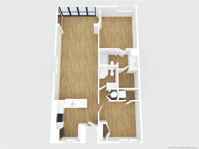 a kitchen with a refrigerator and a stove top oven