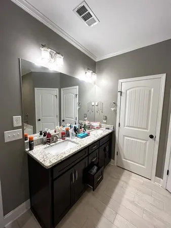 a bathroom with a sink vanity and a mirror