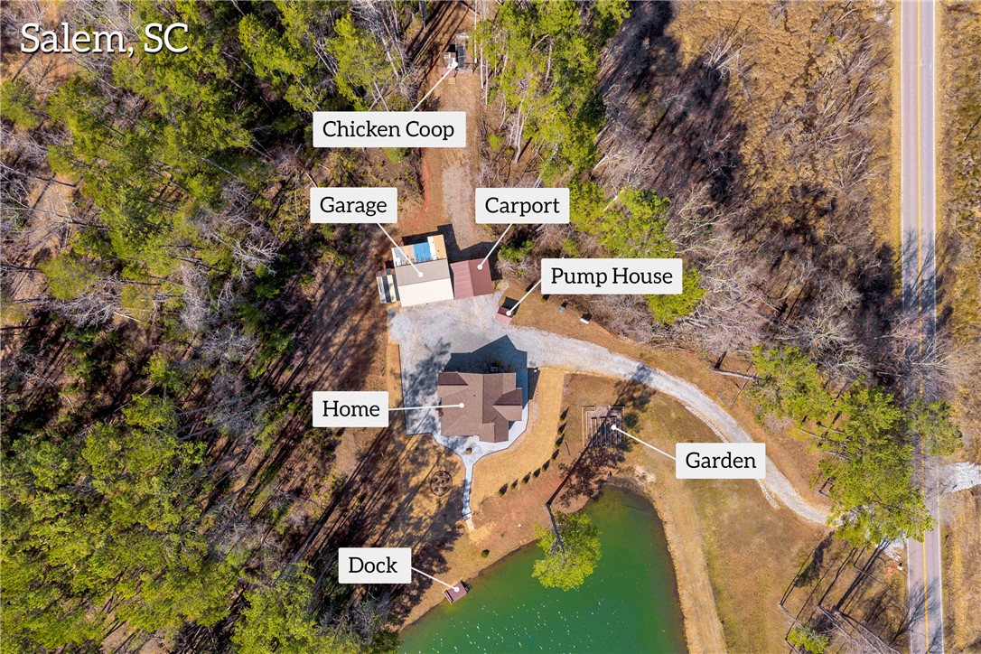 239 North Little River Road Salem, SC 29676 - Photo 37 of 43 This aerial view showcases a secluded home with a private pond and various outbuildings.