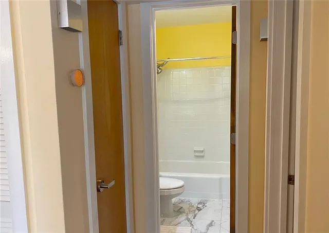 a bathroom with a shower and a toilet