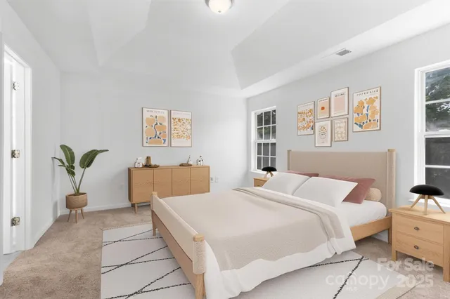 a bedroom with a bed and a couch