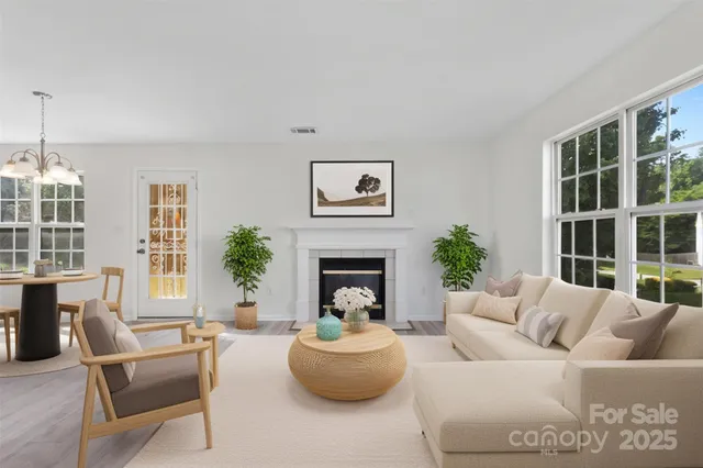 a living room with furniture fireplace and potted plants
