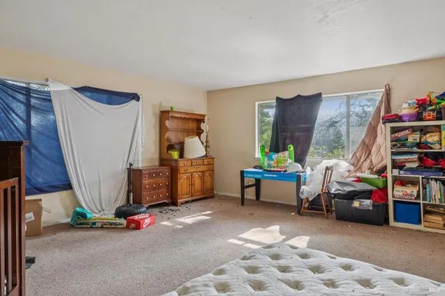 a bedroom with furniture and a book shelf