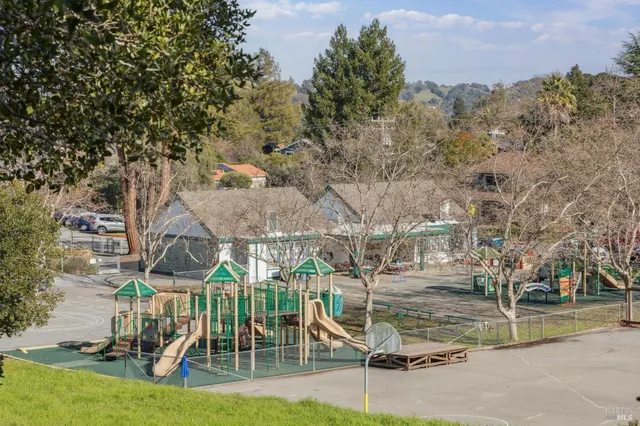 an outdoor space with seating