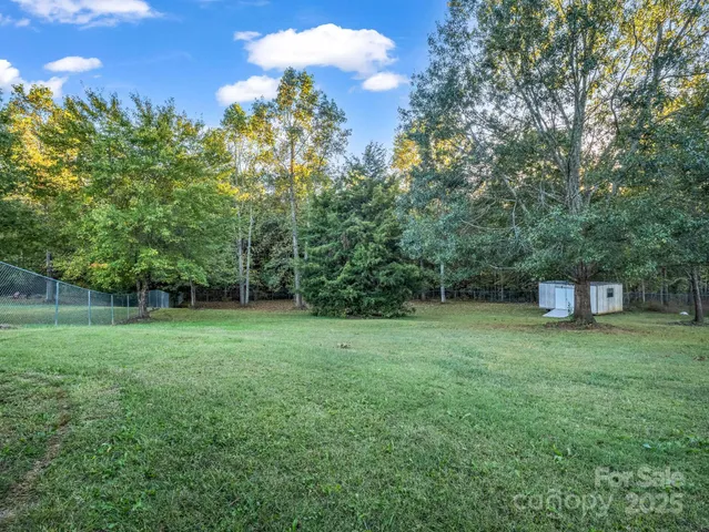 a view of a grassy field with trees in the background