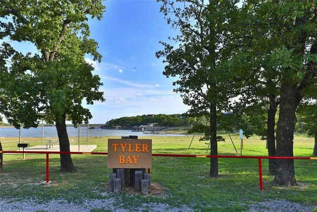 a view of a park with large trees