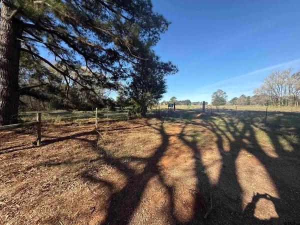 a view of a yard with wooden fence