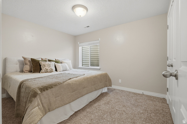 1997 East 600 South Springville, UT 84663 - Photo 35 of 54 Recessed window with blinds, wall-to-wall carpeting, overhead flush-mount lighting, and a paneled door with brushed nickel hardware