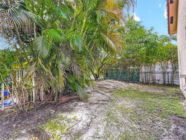 a view of a yard with plants and tree
