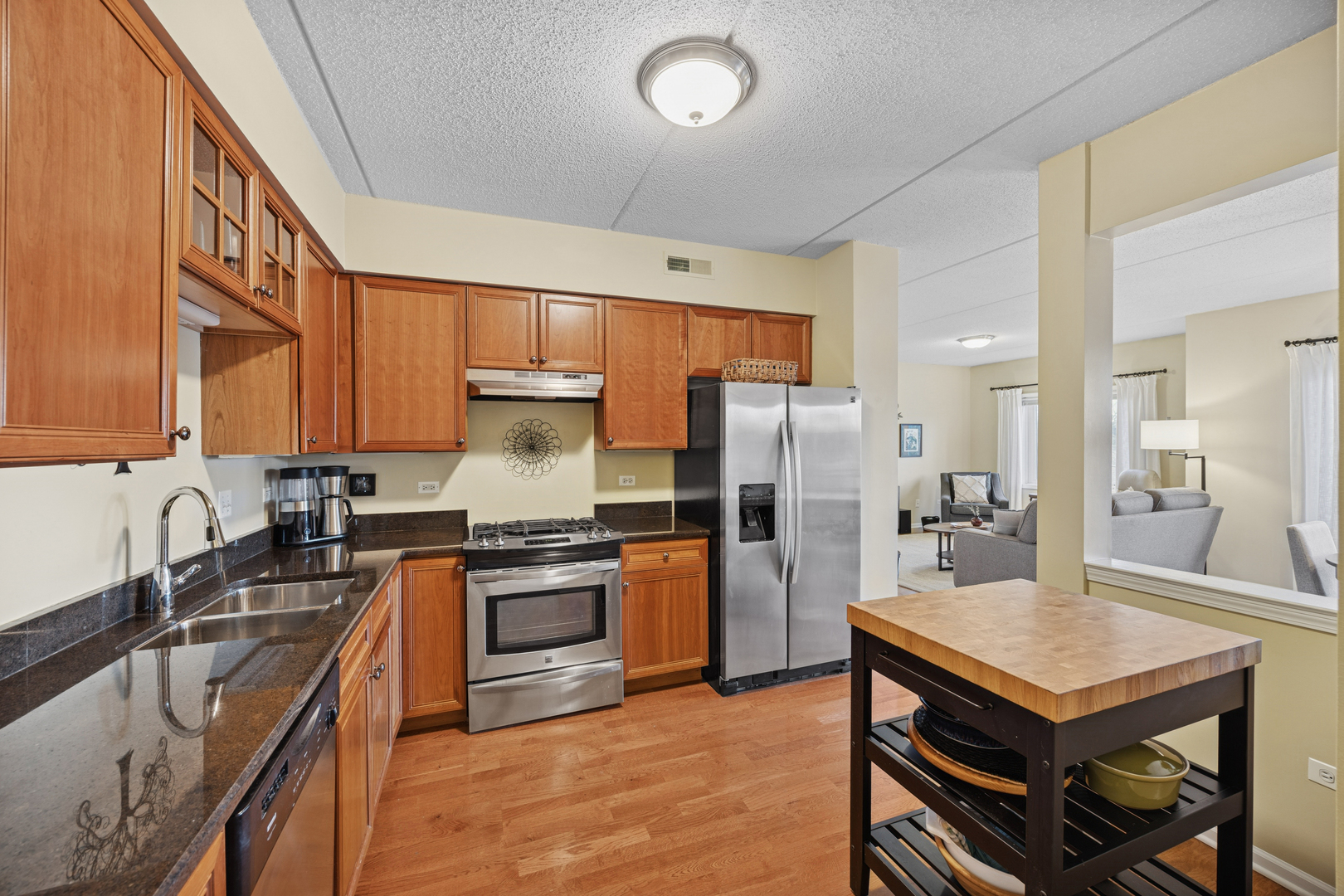 500 East St Charles Road, Unit 209 Lombard, IL 60148 - Photo 2 of 21 a kitchen with stainless steel appliances granite countertop a sink a stove a refrigerator cabinets and a dining table