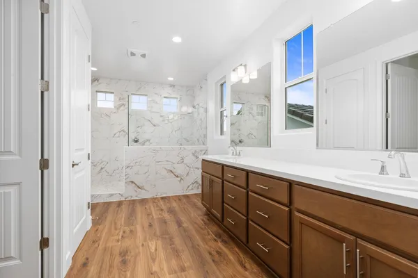 a bathroom with a double vanity sink a mirror and a shower