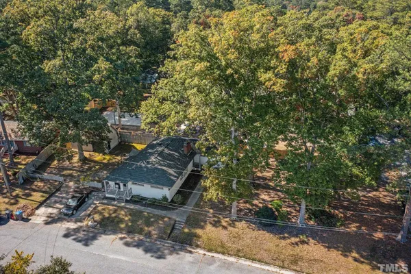 a view of a park with large trees