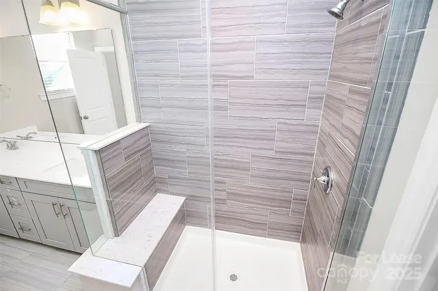 a bathroom with a sink and a shower