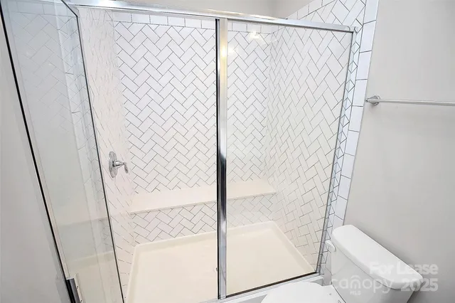 a bathroom with a shower and a toilet