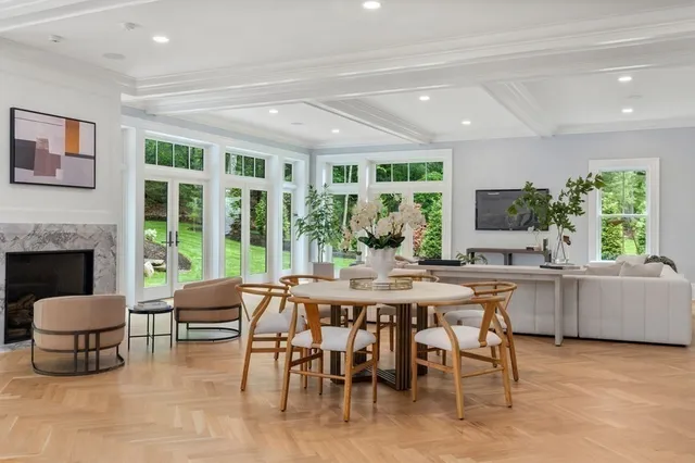 a view of a dining room with furniture window and outside view
