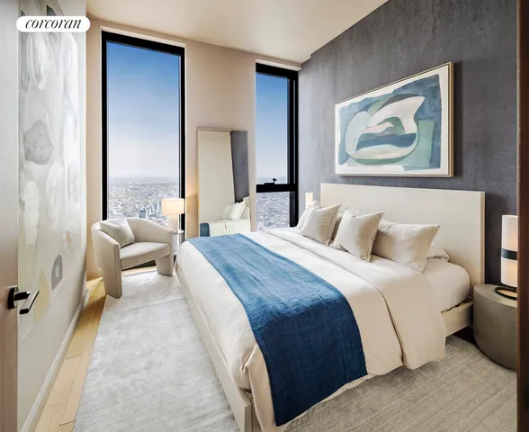 a bedroom with a bed and a painting on the wall