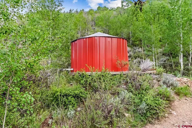 a view of a backyard with potted plants and large tree