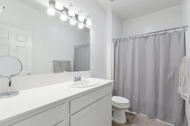 a bathroom with a sink a toilet and a mirror