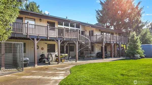 a front view of a house with patio