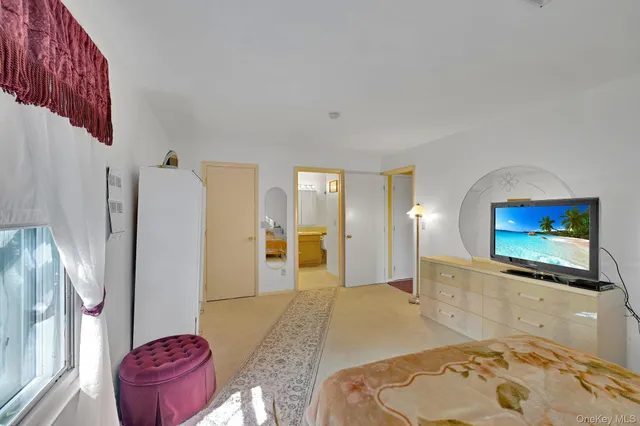 a spacious bedroom with a bed and a television in it