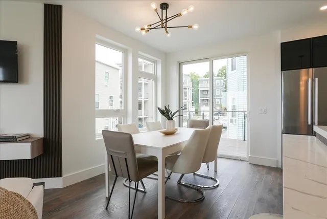 a view of a dining room with furniture window and outside view