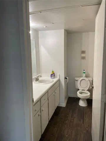 a bathroom with a double vanity sink toilet and a mirror