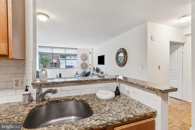 a kitchen with a sink a counter and a stove