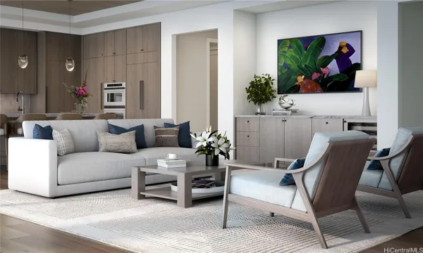 a living room with furniture and a painting on the wall
