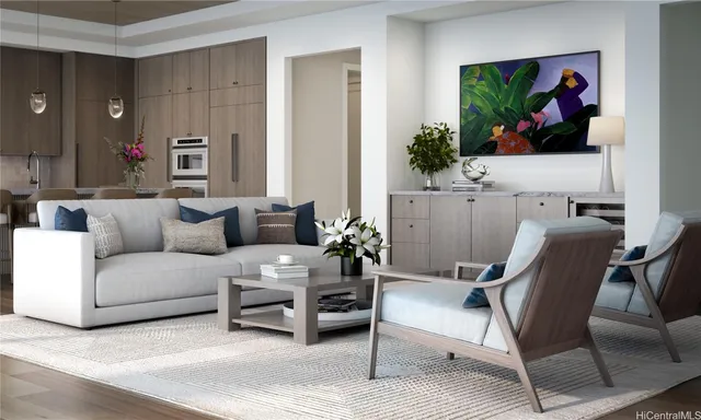 a living room with furniture and a painting on the wall