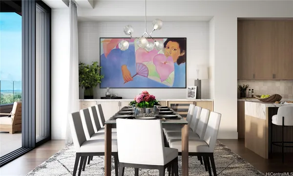 a view of a dining room with furniture wooden floor and window