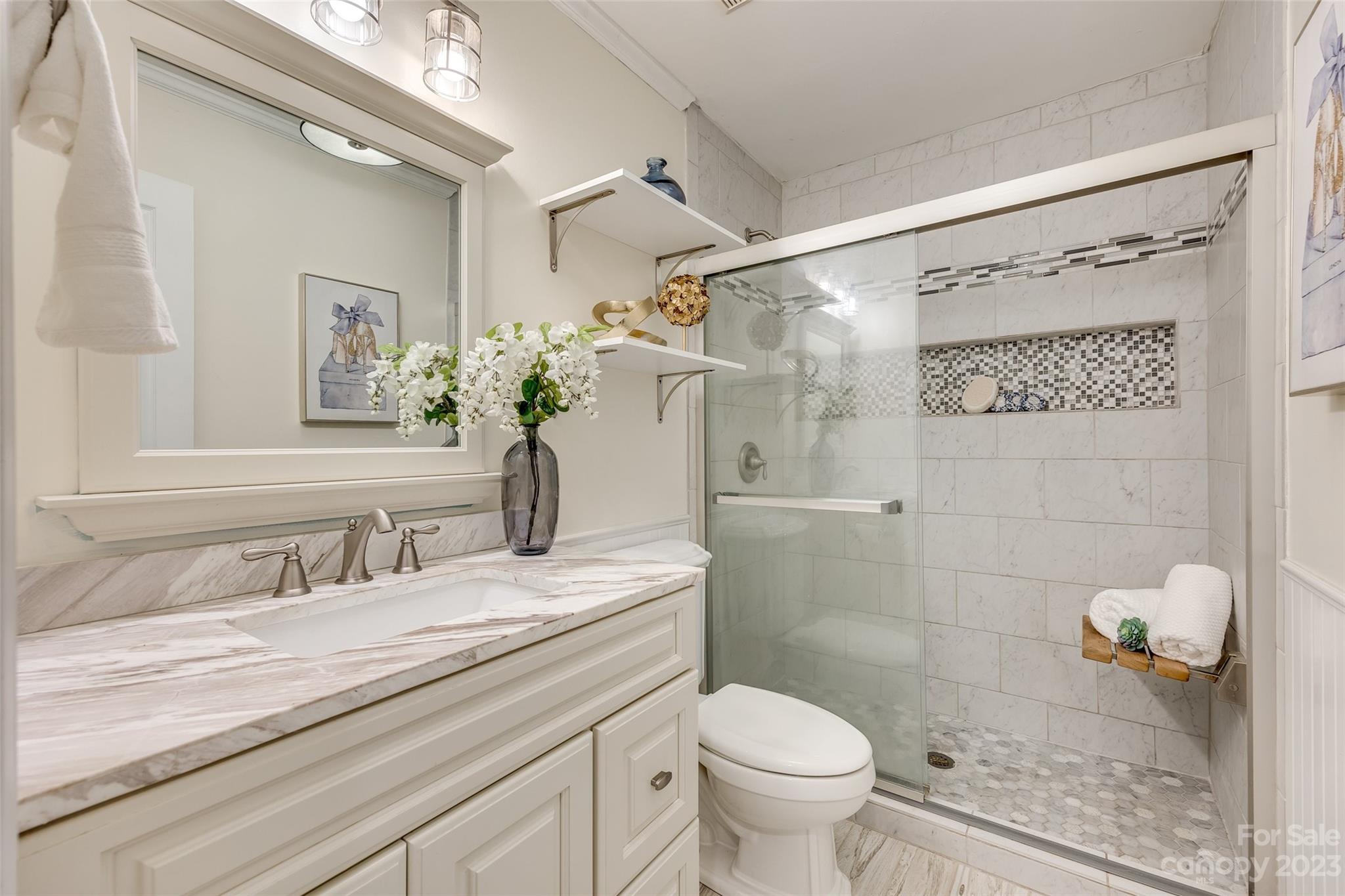 6 Sandy Cove Road Lake Wylie, SC 29710 - Photo 18 of 33 a bathroom with a granite countertop sink a toilet and shower
