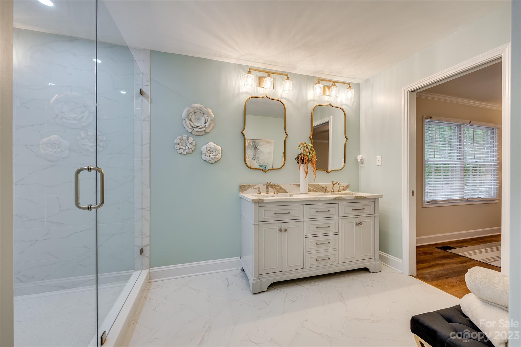 6 Sandy Cove Road Lake Wylie, SC 29710 - Photo 23 of 33 a bathroom with a double vanity sink mirror and shower